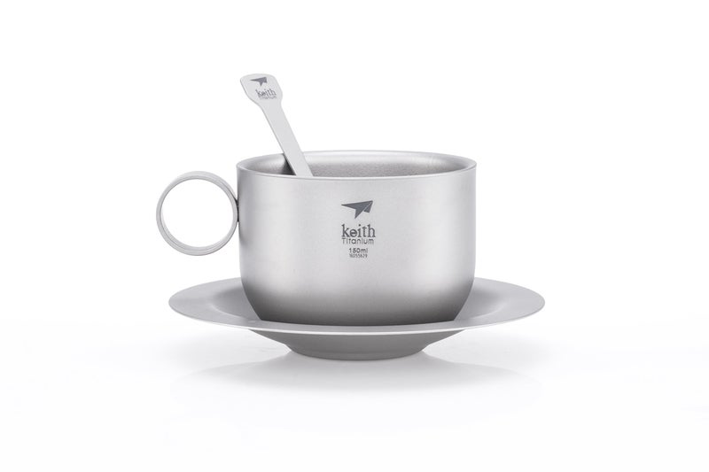 Keith Titanium Ti3601 Double-Wall Coffee Cup with Saucer and Spoon - Image 1